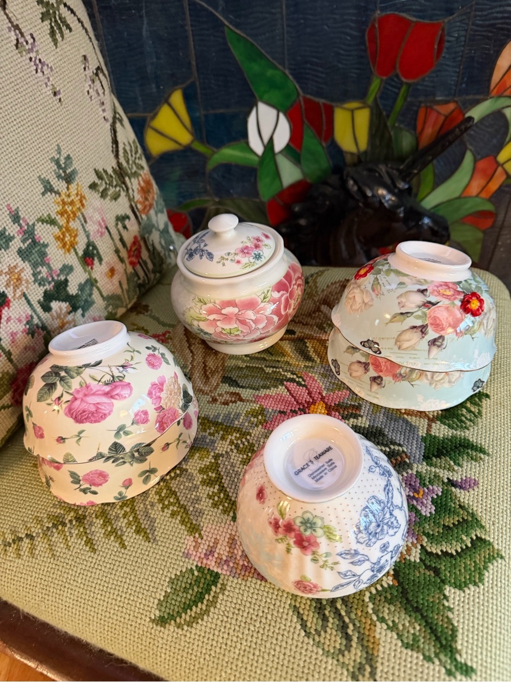 Gorgeous Hand Painted Roses & Flower Porcelain  Tea Wear Set- Small Bowls, Sugar
